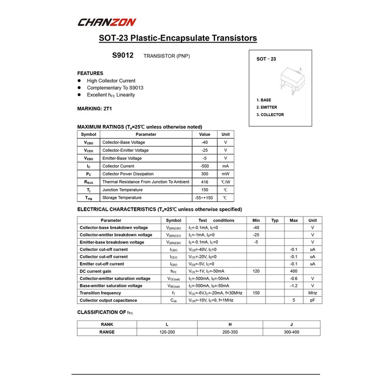 Chanzon S9012 SOT-23 PNP BJT Power Bipolar Junction Transistor SMD