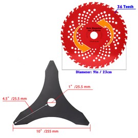 Puwany 10" x 3 Teeth Carbon Steel Brush Cutter and 9" x 36 Teeth Carbide Tipped Blades Weed Eater Blades, Brush Cutter Blade with Universal Adapter Kit for Brush Cutter Husqvarna Stihl
