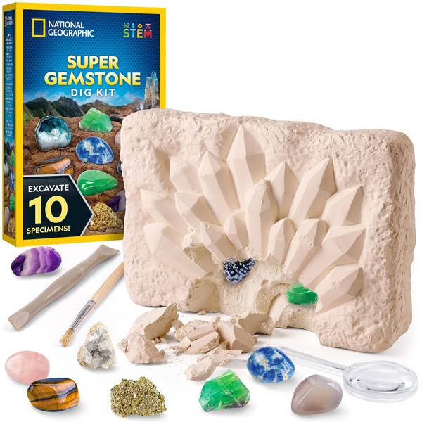 NATIONAL GEOGRAPHIC Super Gemstone Dig Kit - Excavation Gem Kit with 10 Real Gemstones for Kids, Discover Gems with Dig Tools & Magnifying Glass, Science Kits for Kids Age 8-12, Crystals for Kids