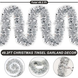 50 Ft Silver Christmas Tinsel Garland Metallic Twist Shiny Hanging Garland for Christmas Tree Decorations Xmas Holiday Garland for Home Indoor Outdoor Party Supplies Decor (Silver)