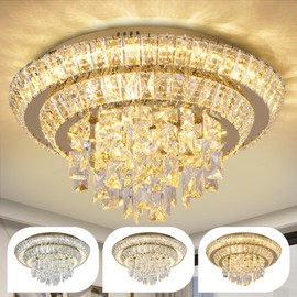 COCOSTAR Gold Elegant LED Crystal Raindrop Ceiling Light, 18" Modern Flush Mount Chandelier Light Fixture with Remote Control, 3CCT Dimmable, for Living Room Kitchen Island Bedroom Entryway Foyer