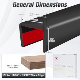 Rubber Edge Trim, Self Adhesive U Channel Edge Trim, Big Size U Shaped Trim, Edge Banding for Plywood, Woods, Shelf, Cabinet, Countertop, Size 3/4", Length 20Ft, Black