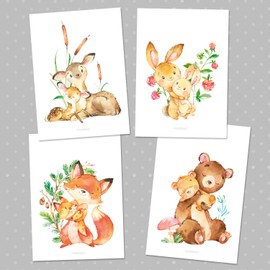 Sunnywall® Set of 4 Posters for Children's Room – A4 Pictures Baby Room Children's Poster Without Picture Frame – Decorative Girl Boy Forest Animals Bear Fox Bambi Deer Rabbit