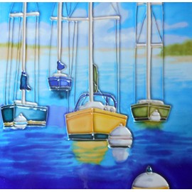 Sailboats Hand Painted Ceramic Art Tile 8x8 inces