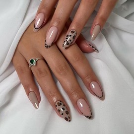 Leopard French Tip Press on Nails Almond Medium Long Leopard Print Fake Nails with Brown False Nails Long Stiletto Summer Nail Glue on Nails Glossy Full Cover Stick on Nails for Women Nail Décor