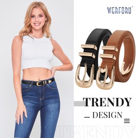 WERFORU 2 Pack Women Leather Belt Fashion Leather Waist Belt for Pants Jean Ladies Western Belt with Gold/Silver Buckle,Fit Waist Size 45-49 Inches,A-black+brown-Gold