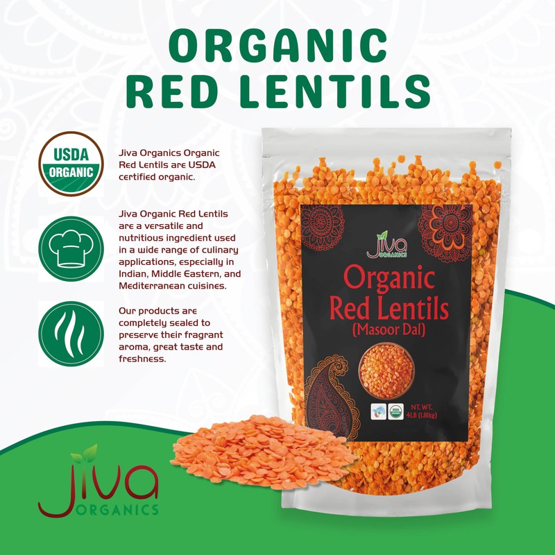 Jiva Organic Split Red Lentils 4 Pound LARGE Bag -