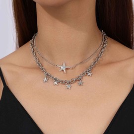 Cybche Boho Layered Starfish Pendant Necklace Choker Silver Small Star Dangle Necklace Vintage Ocean Sea Star Chain Jewellery for Women, Zinc
