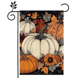 Fall Pumpkin Garden Flag for Outside 12x18 Inch Double Sided Burlap Autumn Thanksgiving Leaves Sunflower Flowers Farmhouse Holiday Rustic Outdoor Yard Flag Home Decorations