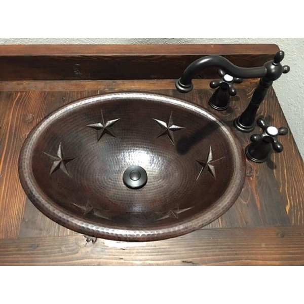 19" Oval Copper Vessel Self Rimming Drop in Vanity Sink with Star Design