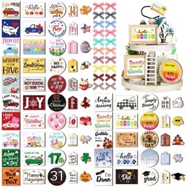 Kigley 70 Pcs Interchangeable Seasonal Tiered Tray Decor Set Farmhouse Holiday Tiered Tray Decorations Interchangeable Tabletop Tray Decor for Holiday Seasonal Home Decoration Kitchen (Trendy Style)