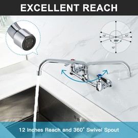 Favorpo Wall Mount Faucet 8 Inch Center Commercial Kitchen Faucet, 12 Inches Swivel Spout Wall-Mount Utility Sink Faucets, 2 Handle Wall Mounted Faucets for Kitchen Laundry Room Restaurant