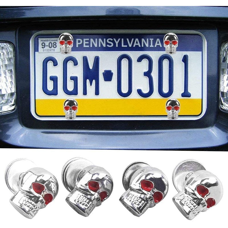 4x 6mm Custom Chrome Aluminum 3D Design Skull Red Eye