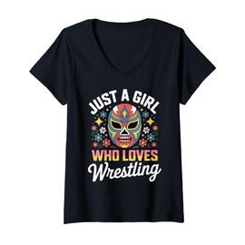 Womens Just A Girl Who Loves Wrestling Wrestler Lucha Floral V-Neck T-Shirt