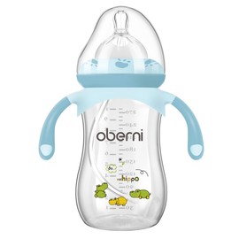 Oberni Weighted Baby Bottles with Size 4 Fast Flow Breast-Like Teat for 12 Months Plus / 1 Year Old Newborn Babies, 270ml/9oz, Non-Slip Handles, Anti-Colic, Blue/1 Pack