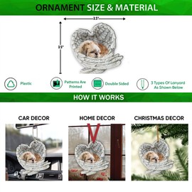 Talataca Shih Tzu Shitzu Sleeping Angel Wing Animal Pet Dog Farmhouse 2D Flat Car Rear View Mirror Accessories Christmas Tree Ornament Decoration Hanging Charm Interior Rearview Pendant Decor Gift