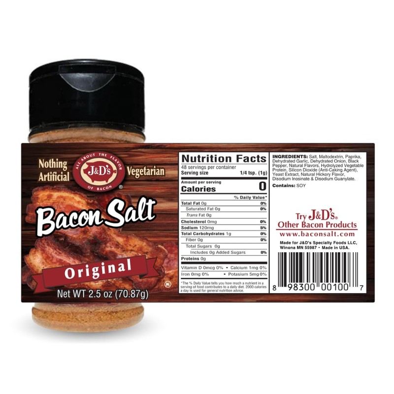 J&D's Bacon Salt, Original, 2.6 Ounce, Bacon-Flavored Seasoning Salt, Vegan,