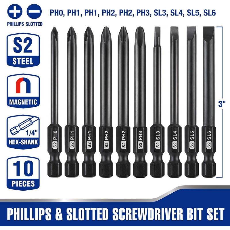 WORKPRO 10pcs Slotted Phillips Screwdriver Bit Set, S2 Steel Magnetic