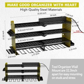ZEAKOC Power Tool Organizer with Charging Station, 4 Layers 8 Drill Holder Wall Mount,Metal Garage Rack with 10A Power Strip,Tool Shelves with Hooks,Drill Bit Storage, for Men Dad (Green&Black)