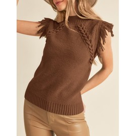 Saodimallsu Womens Mock Neck Sleeveless Fringe Sweater Boho Trendy Cable Knit Cap Sleeve Pullover Vest Tank Tops Coffee