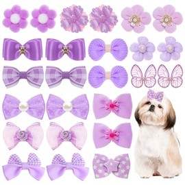 26Pcs Purple Small Dog Hair Bows Cute Puppy Dog Bowknot Hair Bow Bulk with Rubber Bands Elastic Lace Rhinestone Pearls Hair Ties Mix Style Handmade Flower Bow Dog Cat (Purple, Fresh Pattern)