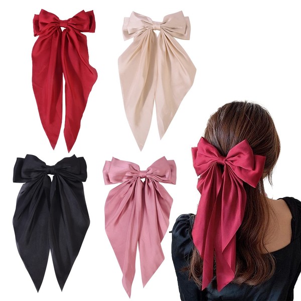 Shujin Pack of 4 Large Hair Bow for Women Girls, Hair Clips with Bows, Satin Ribbon, Bowknot, Hair Clip, Hair Accessories, Party (Set of 4)