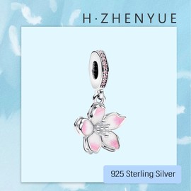 H.ZHENYUE Pink Cherry Blossom Charms for Bracelets 925 Sterling Silver Dangle Pendants Beads Jewelry for Women