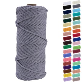 Binwat Macrame Cord Thick Natural Cotton Cord DIY Crafts Yarn Thread Twisted Spool Twine String Cotton Rope for Wall Hanging,Plant Hangers,Knitting,Decorative Projects 4mm x100m (White grey)