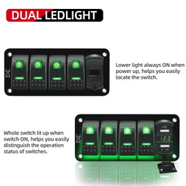 FXC 12V 24V DC 4 Gang Rocker Switch Aluminum Panel with Voltmeter & Dual USB(4.8 A) Fast Charging, Green Backlit Led, Pre-Wired Waterproof for Marine, Boat, Car, Truck, Polaris, Jeep (Green)