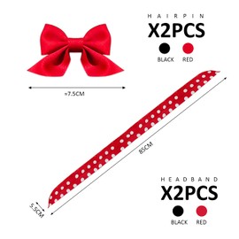 2 Pieces Cute Polka Dot Headbands with 2 Pieces Bow Hair Clips Retro Classic Women Headscarves Can Be Bent and Twisted (Red, Black)