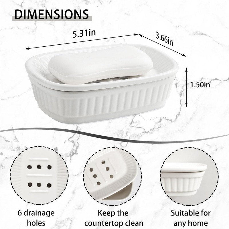 VanEnjoy White Ceramic Soap Dish, Self-Draining Kitchen Sink Soap Holder
