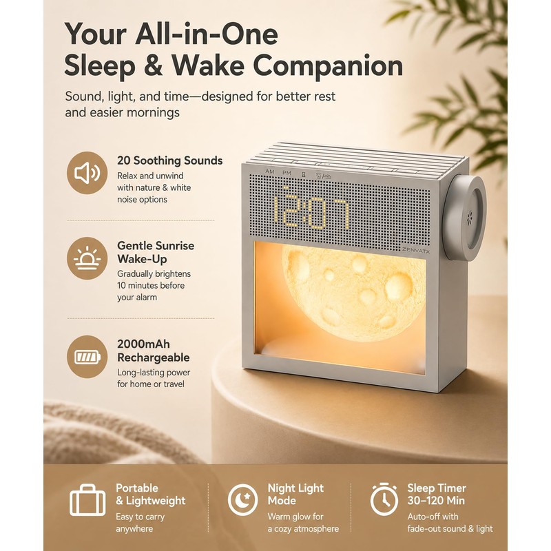 Rechargeable Sunrise Alarm Clock with Sound Machine and Night Light