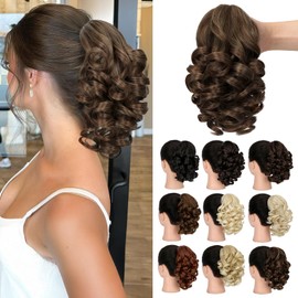 Cephermer Ponytail Extension, 9" Claw Clip in Short Curly Wavy Pony Tails Hair Extensions Jaw Clip on Ponytail Hairpiece for Women Light Brown mix Ash Blonde