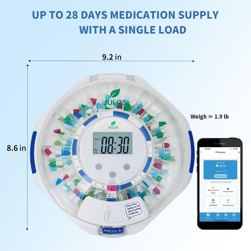 JULOS Bluetooth Automatic Pill Dispenser with Sound/Light/App Alerts for Seniors,