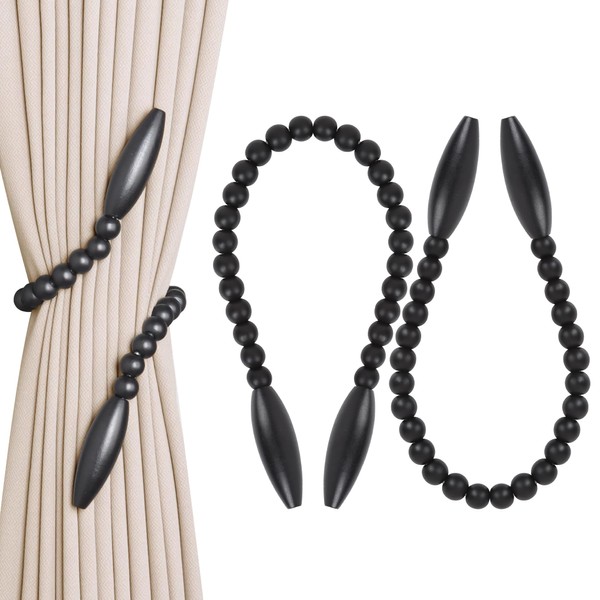 OCIOLI Wood Bead Curtain Tiebacks 2 Pack, No Drill Curtain