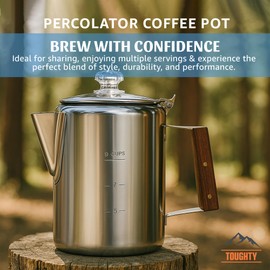 Toughty Yosemite Percolator Coffee Pot – Classic Coffee Percolator Stovetop for Camping & Home – Durable Stainless Steel - Gas, Electric & Induction Stoves – Old-Fashioned Style Pot – Silver – 9 Cups