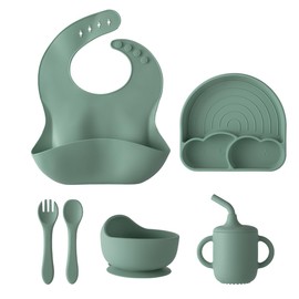 6 Pieces Silicone Baby Feeding Set，Baby Led Weaning Supplies，Utensils Food Grade Non-Bpa Strong Suction 3 Divided（Rainbow Suction Plate+Spoon+Fork+Bowl+Water Cup+Bib） (Military Green)