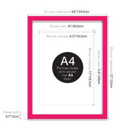 Almost Frameless A4 Bright Pink Picture Frame Set of 4, Display A5 Pictures with Mount or A5 Without Mount Gallery Wall, Poster, Photo, Artwork, or Print, Bright Pink