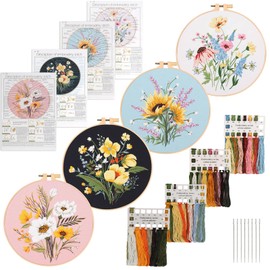 UXORSN 4 Sets Embroidery Kits for Beginners Adults Floral Stamped Pattern Cross Stitch Kit Hand Fabric Stitch Practice Kit with Embroidery Hoops Threads Needles and Instructions Christmas Craft Gifts