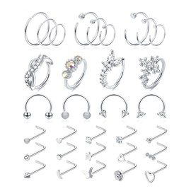 ZELORES 32Pcs 20G Nose Rings for Women Men 316L Stainless Steel L Shaped Nose Studs 16G Septum Rings Nose Rings Hoop 8mm 10mm 12mm(SIlver)