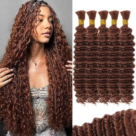 Brown Human Braiding Hair for Boho Braids 160g 5 Bundles/Pack 20 Inch Curly Boho Hair for Braiding Knotless 12A Deep Wave Bulk Bohemian Color 30