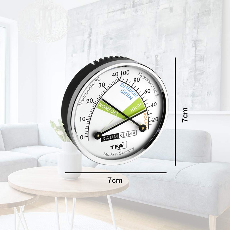 TFA Dostmann Thermo Analogue Thermometer Hygrometer with Metal Ring, Humidity