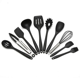 Küchenhelfer-Set, 15-teilig, Silikon, Kochutensilien, Schaber, Zange, Spatel, Löffel für antihaftbeschichtetes hitzebeständiges Kochgeschirr – Schwarz