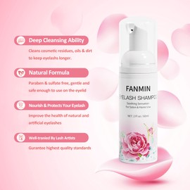 Eyelash Extension Cleanser 60ml +2 Brushes+ Rinse Bottle Eyelid Foaming Cleanser,Eyelash Wash and Lash Bath for Extensions,Paraben & Sulfate Free,Makeup Remover,Salon and Home use