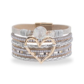 Leather Bracelet for Women Men Multilayer Wrap Heart Bracelets Boho Stackable Bangles Rhinestone Cuff Jewelry Gifts for Women