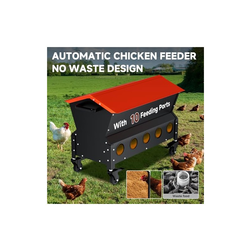 120 LB Automatic Chicken Feeder, Metal Poultry Feeder with Wheels