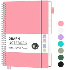 RETTACY Squared Spiral Notebook B5 Graph Grid Wirebound Journal with 140 Pages,PVC Pocket, Pen Loop, Ruler, Bookmark for Women Men Work Office School, 19 x 25 cm - Pink