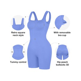 Popilush Shapewear Jumpsuits for Women Built-in Bra Square Neck Rompers Shorts Bodycon Bodysuits Summer Outfits babyblue