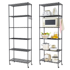 Homdox 2-Pack 6-Tier Storage Shelf Wire Shelving Unit Free Standing Rack Organization with Caster Wheels, Stainless Side Hooks, Black