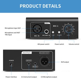 XTUGA XTUGA XIC1 Microphone Preamp for Dynamic and Condenser Microphones Booster with 2 Input Max 75db Gain 48V Phantom Power XLR Output